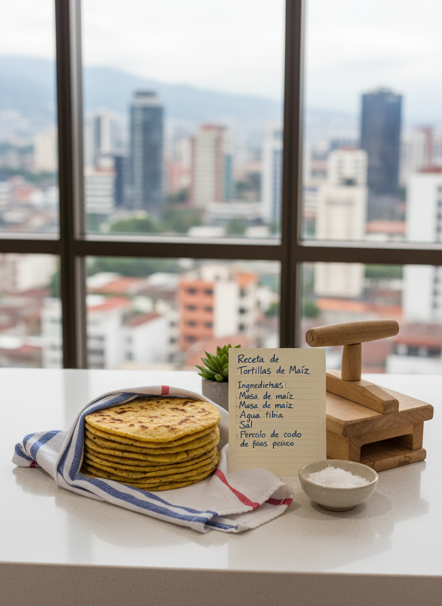 A clean, modern kitchen countertop in a San José high-rise apartment, featuring a perfectly formed stack of freshly cooked Costa Rican corn tortillas wrapped in a striped cotton kitchen towel. Next to them, a simple handwritten recipe card in Spanish rests beside a wooden tortilla press and a small ceramic bowl of coarse salt. Through the large window behind, the blurred skyline of San José appears under soft overcast daylight, giving diffused, even lighting with minimal shadows. The composition uses the rule of thirds, with sharp focus on the tortillas’ slightly toasted, blistered surfaces and a gentle bokeh on the city view. Photographic realism with a polished yet homely mood, emphasizing approachable, shareable recipes in a professional setting.