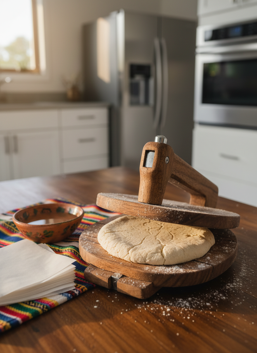 A detailed close-up of a handcrafted wooden tortilla press on a simple kitchen table, its surface dusted lightly with fine white corn flour. Inside, a perfectly round disc of raw masa is being flattened, the delicate edges slightly cracked, showing texture. Beside the press lies a stack of wax paper squares, a small ceramic bowl of water, and a folded, colorful Costa Rican cloth. The background reveals a minimalist, modern kitchen in soft focus, with white cabinetry and stainless-steel appliances. Warm afternoon sunlight from a side window creates subtle highlights along the metal hinge and wood grain, casting soft, directional shadows that add depth. The composition uses an intimate, tight framing and shallow depth of field, giving a professional yet hands-on, instructional feeling suited for step-by-step cooking class content.