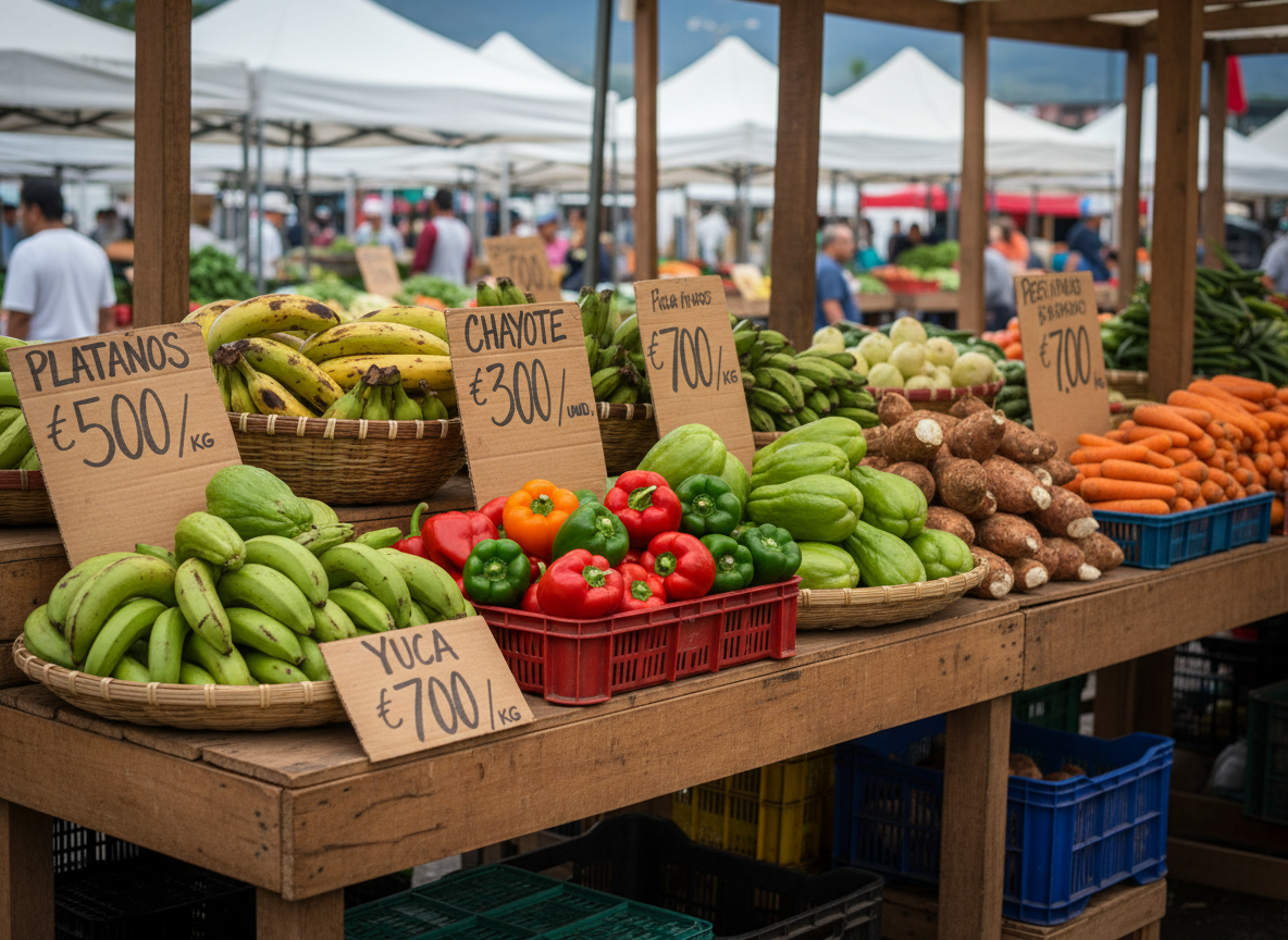 A vibrant scene of freshly harvested Costa Rican produce arranged on a sturdy wooden stall table at a weekend feria del agricultor, shown without any vendors or shoppers. Pyramids of ripe plantains, glossy red and green bell peppers, chayote, yuca, and bright orange carrots fill rustic plastic crates and woven baskets. Handwritten cardboard price signs in Spanish lean casually against the produce. The soft, diffused light of an overcast morning enhances the saturated colors without harsh shadows. In the background, other market stalls and tents are visible but gently blurred, suggesting an active market environment. Shot at eye level with moderate depth of field, the image feels energetic yet organized, emphasizing freshness and local sourcing connected to the cooking classes.