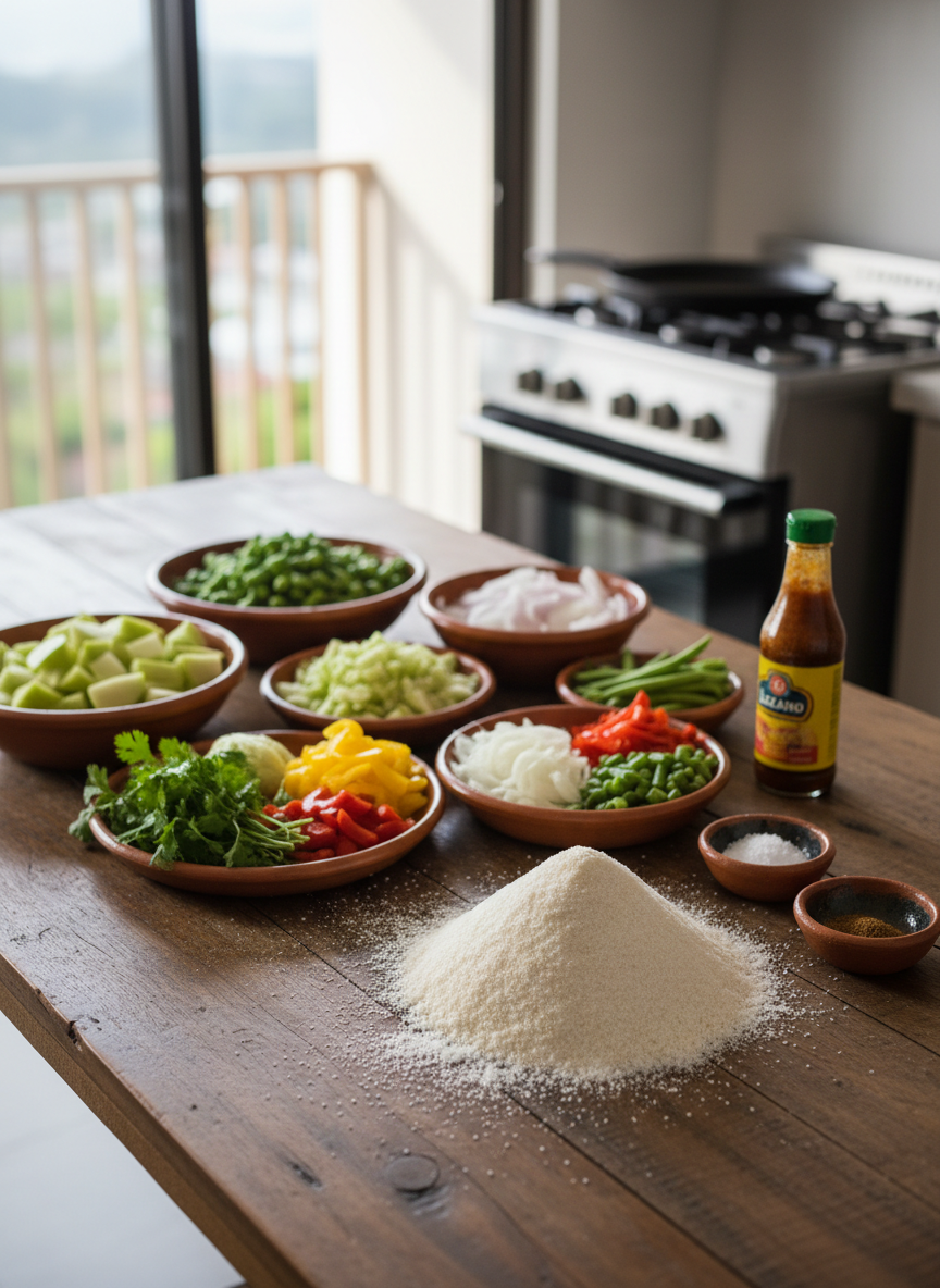 A richly detailed close-up of a rustic wooden table in a modern San José apartment kitchen, covered with neatly arranged ingredients for Costa Rican tortillas and picadillos. Bowls of chopped chayote, green beans, sweet peppers, onions, and fresh cilantro sit beside a mound of finely ground white corn masa. A seasoned cast-iron comal rests on a sleek gas stove in the background, slightly blurred. Late-morning natural light pours in from a large window, creating soft highlights on the vegetables and gentle shadows along the grain of the table. Photographic realism, vibrant yet natural colors, shot at a slightly elevated angle with shallow depth of field, conveying a warm, professional, and inviting atmosphere ideal for a cooking class website hero image.