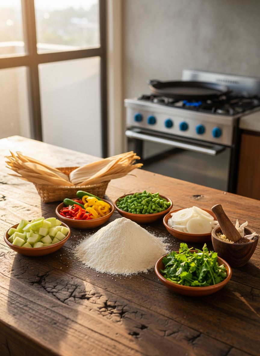 A richly detailed close-up of a rustic wooden table in a modern San José apartment kitchen, covered with neatly arranged ingredients for Costa Rican tortillas and picadillos. Bowls of chopped chayote, green beans, sweet peppers, onions, and fresh cilantro sit beside a mound of finely ground white corn masa. A seasoned cast-iron comal rests on a sleek gas stove in the background, slightly blurred. Late-morning natural light pours in from a large window, creating soft highlights on the vegetables and gentle shadows along the grain of the table. Photographic realism, vibrant yet natural colors, shot at a slightly elevated angle with shallow depth of field, conveying a warm, professional, and inviting atmosphere ideal for a cooking class website hero image.