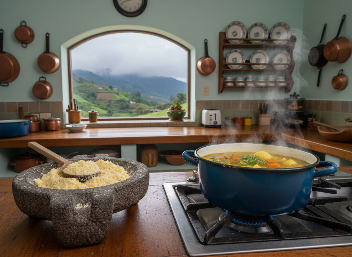 A cozy, traditional kitchen in the mountains of Heredia, captured in photographic realism without any people present. A well-worn wooden countertop holds a heavy stone metate with freshly ground corn masa, a wooden spoon resting beside it. On the adjacent gas stove, a blue enamel pot gently simmers a broth with floating herbs and vegetables, softly steaming. The walls are painted a muted pastel, adorned with hanging copper pots and simple ceramic plates. Cool, misty daylight streams in through a small window overlooking lush, green hills, creating a gentle contrast of warm interior and cool exterior tones. Shot from a slightly low angle, with a moderate depth of field, the mood is serene, authentic, and quietly nostalgic, reinforcing the connection to traditional family recipes.