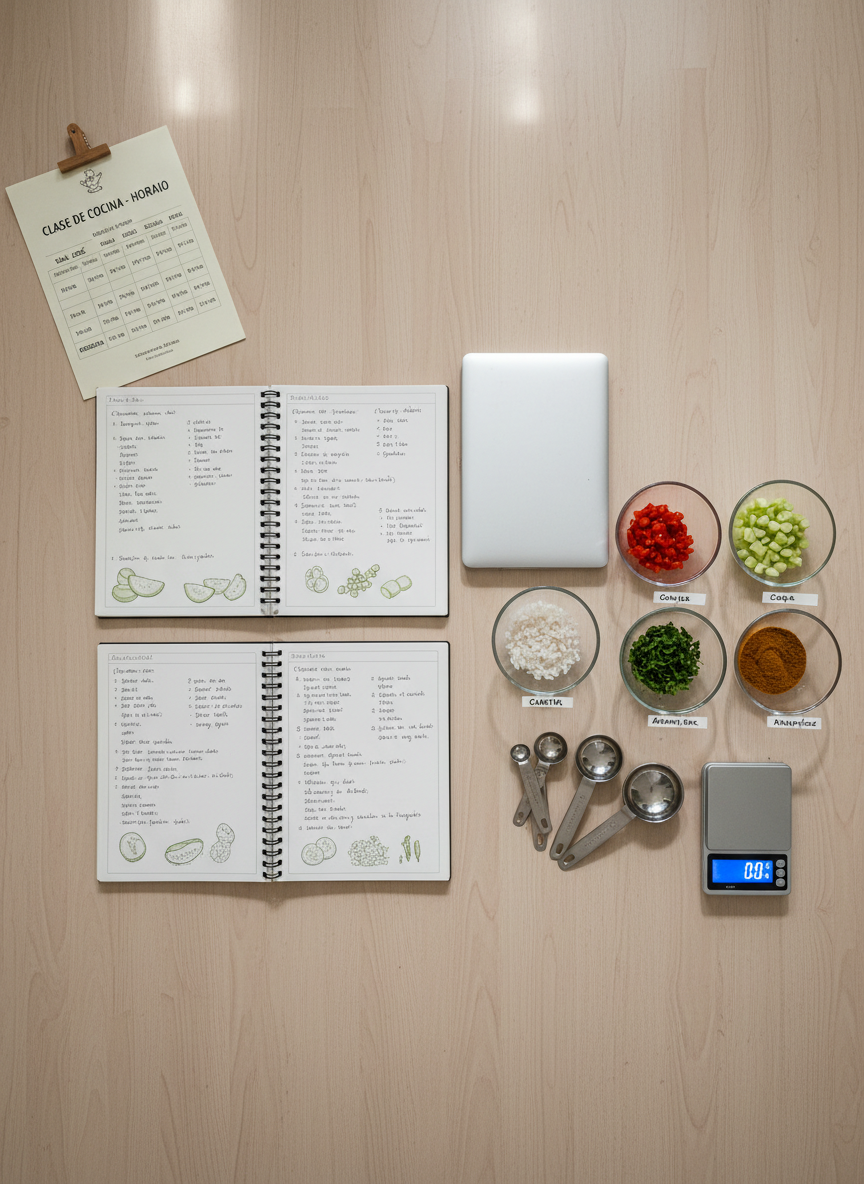 An orderly, photographic realism overhead shot of a recipe development workspace for Costa Rican cooking classes. On a large, light-colored wooden table lie neatly arranged open notebooks with clean, handwritten Spanish and English recipe notes, a closed laptop, measuring spoons, a digital kitchen scale, and small labeled glass bowls of prepped ingredients for picadillo de chayote. A printed class schedule with times for San José, Escazú, and Heredia sessions anchors one corner. Soft indoor lighting from recessed ceiling fixtures creates even illumination with very gentle shadows, emphasizing clarity and professionalism. The color palette is neutral with accents from the green chayote and red peppers. The mood is organized, calm, and educational, ideal for a page explaining how the cooking classes are structured and planned.